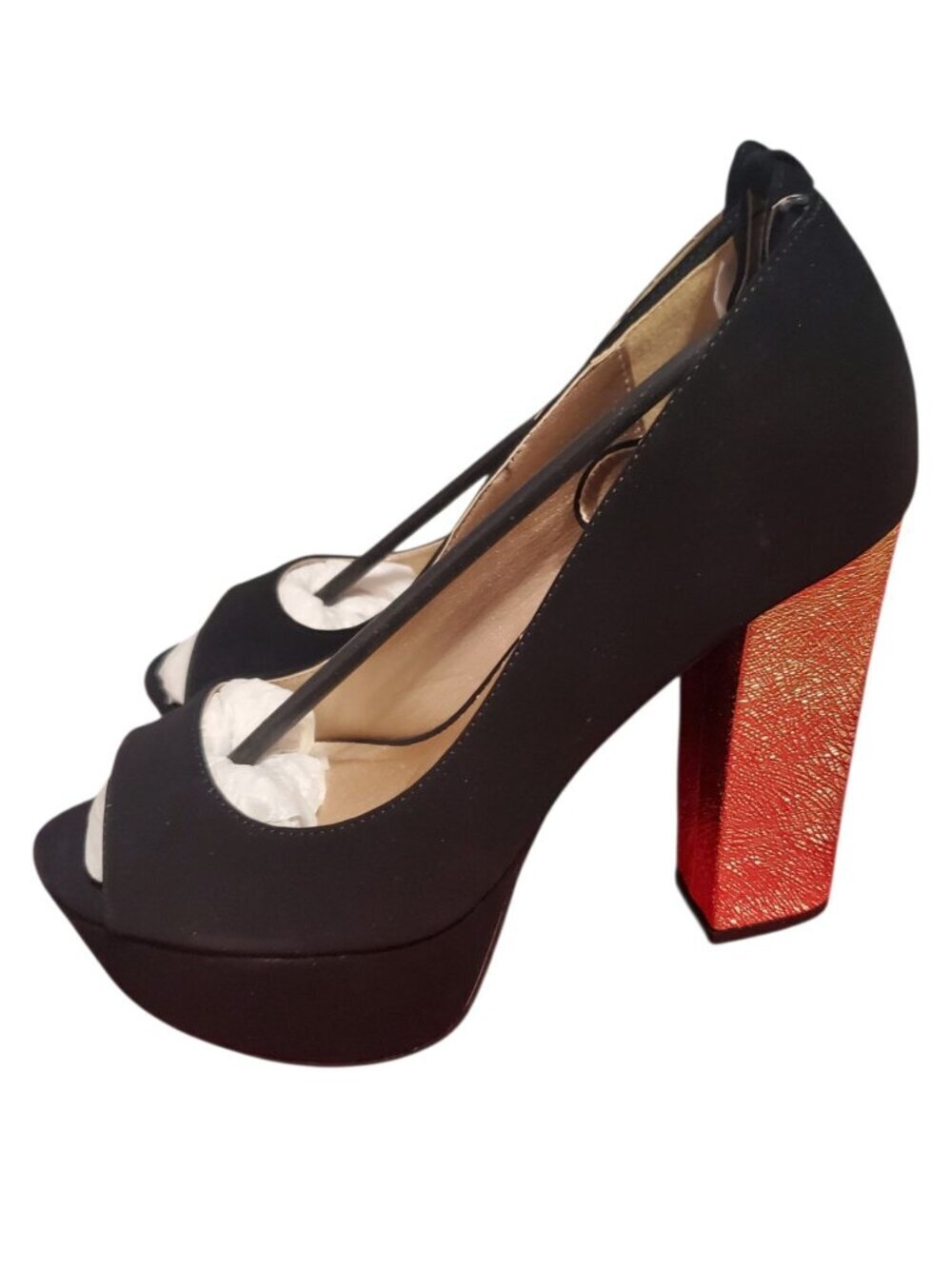 Qupid Peep-Toe Platform Heels W/ Gold Textured W/Ankle Strap Black/Gold Size 8 - Picture 4 of 12
